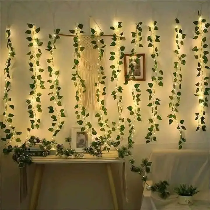 Picture of 10 Line LED Curtain Fairy Lights with Leafs 7ft Remote Control 8 Lighting Modes Window Bedroom Wedding Party Decoration Lights Gold