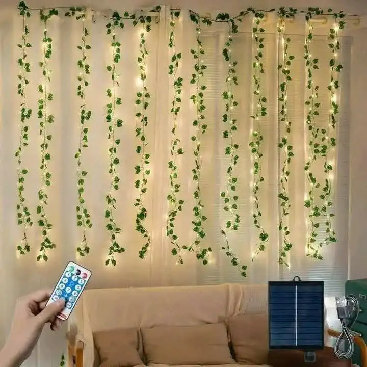Picture of 10 Line LED Curtain Fairy Lights with Leafs 7ft Remote Control 8 Lighting Modes Window Bedroom Wedding Party Decoration Lights Gold