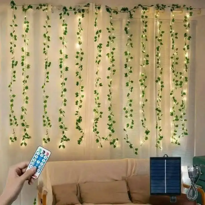 Picture of 10 Line LED Curtain Fairy Lights with Leafs 7ft Remote Control 8 Lighting Modes Window Bedroom Wedding Party Decoration Lights Gold