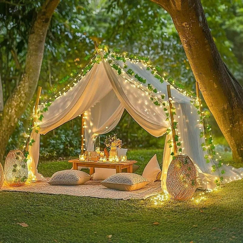 Picture of 10 Line LED Curtain Fairy Lights with Leafs 7ft Remote Control 8 Lighting Modes Window Bedroom Wedding Party Decoration Lights Gold