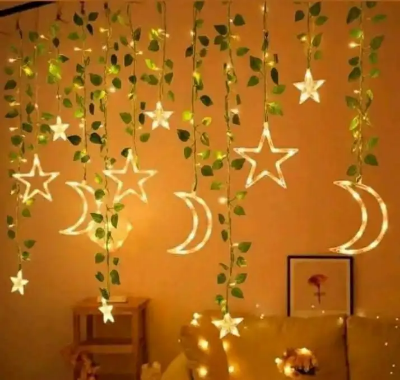 Picture of Moon Star Curtain LED Light with Leafs 12ft Window Fairy Lights Warm White Golden Remote Curtain Decoration Light for Bedroom Wedding Party Home Decor Gold