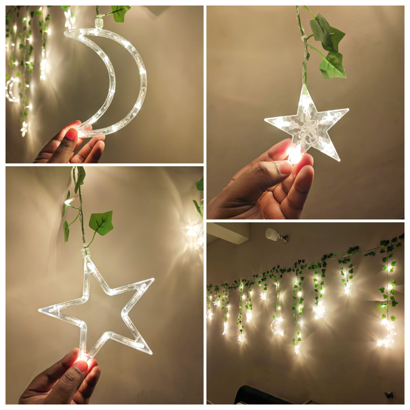 Picture of Moon Star Curtain LED Light with Leafs 12ft Window Fairy Lights Warm White Golden Remote Curtain Decoration Light for Bedroom Wedding Party Home Decor Gold
