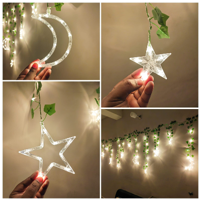 Picture of Moon Star Curtain LED Light with Leafs 12ft Window Fairy Lights Warm White Golden Remote Curtain Decoration Light for Bedroom Wedding Party Home Decor Gold