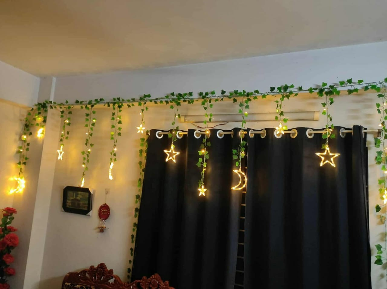 Picture of Moon Star Curtain LED Light with Leafs 12ft Window Fairy Lights Warm White Golden Remote Curtain Decoration Light for Bedroom Wedding Party Home Decor Gold