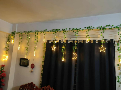 Picture of Moon Star Curtain LED Light with Leafs 12ft Window Fairy Lights Warm White Golden Remote Curtain Decoration Light for Bedroom Wedding Party Home Decor Gold