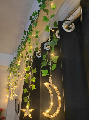 Picture of Moon Star Curtain LED Light with Leafs 12ft Window Fairy Lights Warm White Golden Remote Curtain Decoration Light for Bedroom Wedding Party Home Decor Gold