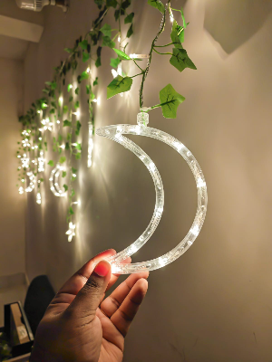 Picture of Moon Star Curtain LED Light with Leafs 12ft Window Fairy Lights Warm White Golden Remote Curtain Decoration Light for Bedroom Wedding Party Home Decor Gold