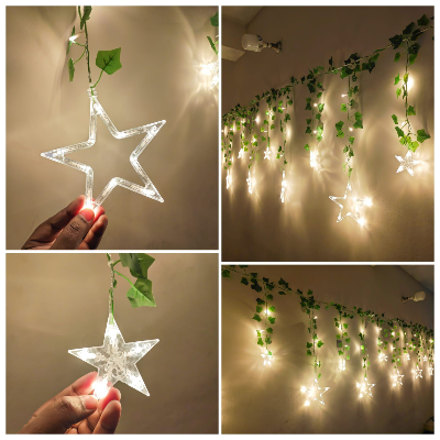 Picture of Star Curtain LED Light with Leafs 12ft Window Fairy Lights Warm White Golden Remote Curtain Decoration Light for Bedroom Wedding Party Home Decor Gold