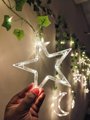 Picture of Star Curtain LED Light with Leafs 12ft Window Fairy Lights Warm White Golden Remote Curtain Decoration Light for Bedroom Wedding Party Home Decor Gold