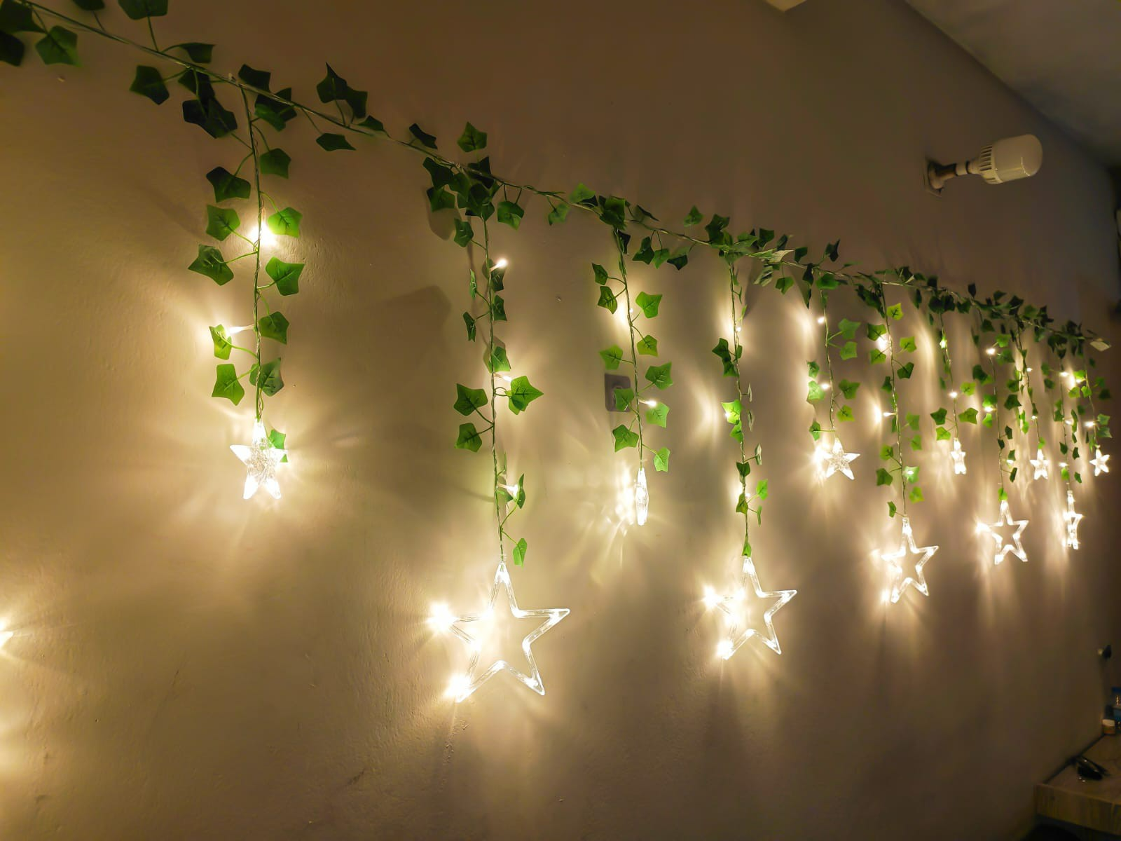 Picture of Star Curtain LED Light with Leafs 12ft Window Fairy Lights Warm White Golden Remote Curtain Decoration Light for Bedroom Wedding Party Home Decor Gold
