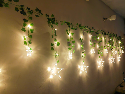 Picture of Star Curtain LED Light with Leafs 12ft Window Fairy Lights Warm White Golden Remote Curtain Decoration Light for Bedroom Wedding Party Home Decor Gold