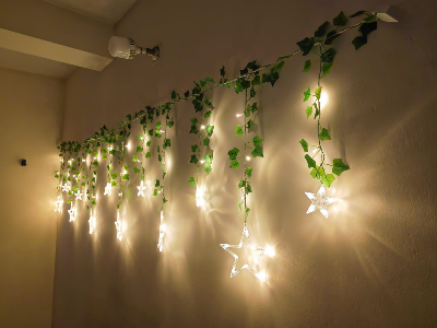 Picture of Star Curtain LED Light with Leafs 12ft Window Fairy Lights Warm White Golden Remote Curtain Decoration Light for Bedroom Wedding Party Home Decor Gold