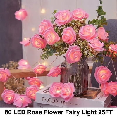 Picture of 80 LED Rose Flower Fairy Light 25FT – Decorative Flash String Light for Bedroom, Curtain, Wall, Wedding, Party & Home Decoration Pink