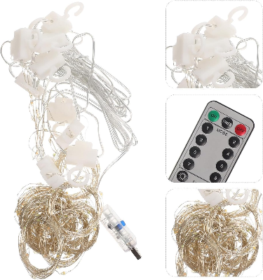 Picture of 3x3M USB LED Curtain String Lights Warm White Copper Wire Fairy Lights with Remote 8 Lighting Modes Bedroom Wedding Party Window Decoration Warm White