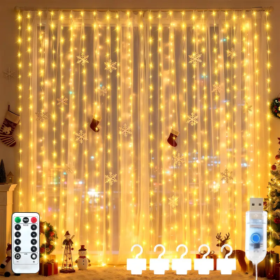 Picture of 3x3M USB LED Curtain String Lights Warm White Copper Wire Fairy Lights with Remote 8 Lighting Modes Bedroom Wedding Party Window Decoration Warm White