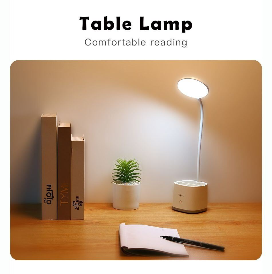 Picture of YAGE YG-T109 Rechargeable LED Table Lamp Type C – USB Desk Lamp with Pen Holder, Eye-Caring Reading Light, Portable Night Light for Study, Office & Home White