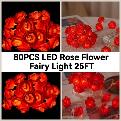 Picture of Home Decor 80PCS LED Rose Flower Fairy Light 25FT – Flash Decorative LED Light for Bedroom, Curtain, Wall, Wedding, Party, Garden & Home Decoration Red