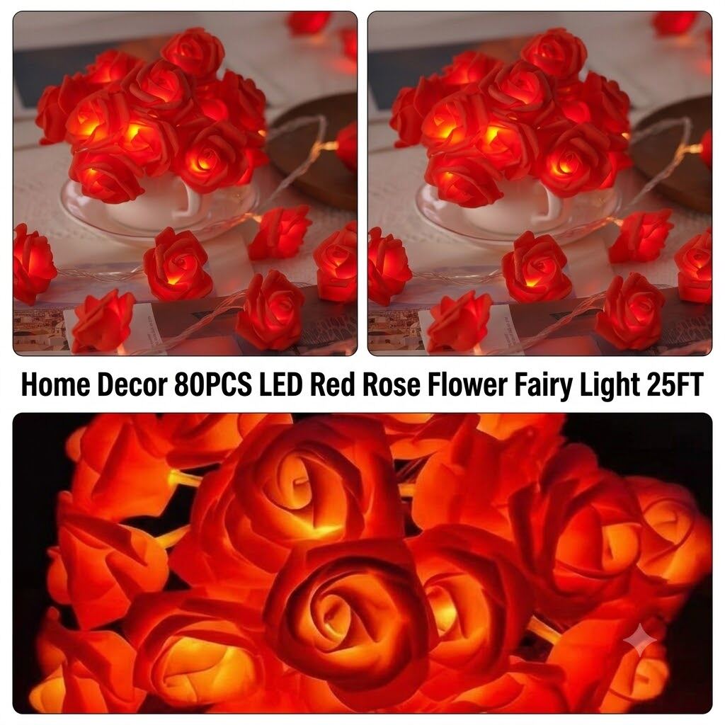 Picture of Home Decor 80PCS LED Rose Flower Fairy Light 25FT – Flash Decorative LED Light for Bedroom, Curtain, Wall, Wedding, Party, Garden & Home Decoration Red