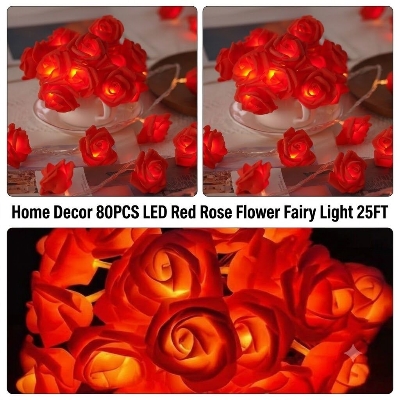 Picture of Home Decor 80PCS LED Rose Flower Fairy Light 25FT – Flash Decorative LED Light for Bedroom, Curtain, Wall, Wedding, Party, Garden & Home Decoration Red