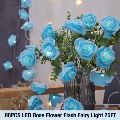 Picture of 80PCS LED Rose Flower Flash Fairy Light 25FT – Decorative LED Rose Light for Bedroom, Curtain, Wall, Wedding, Party, Garden & Home Decoration Light blue