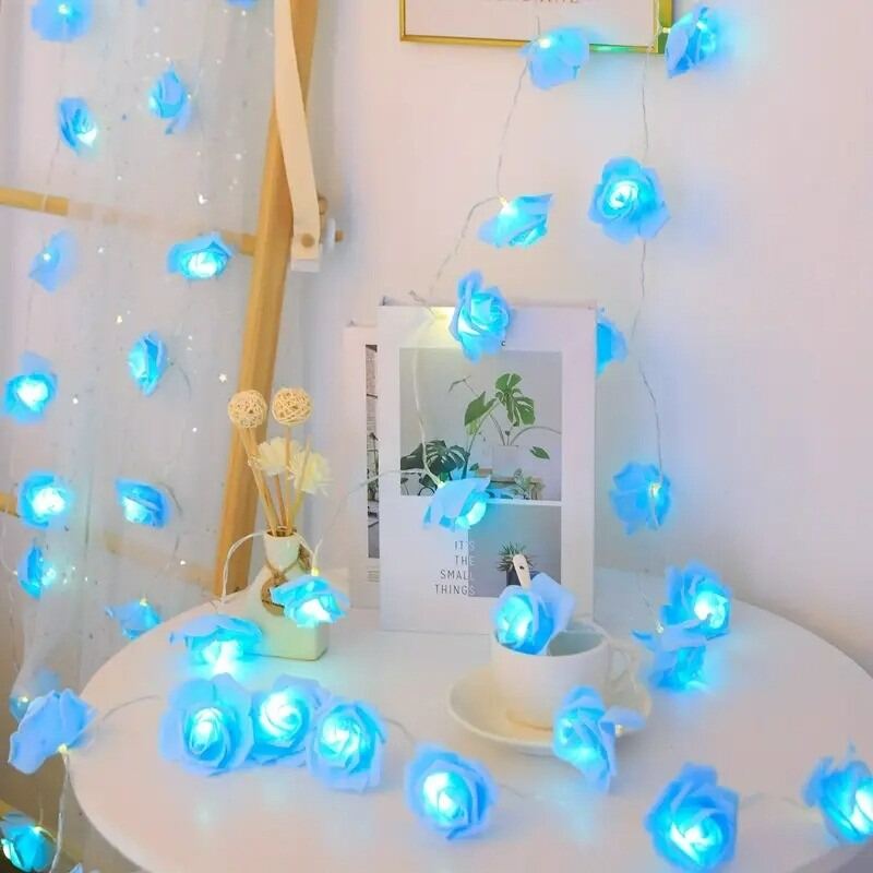 Picture of 80PCS LED Rose Flower Flash Fairy Light 25FT – Decorative LED Rose Light for Bedroom, Curtain, Wall, Wedding, Party, Garden & Home Decoration Light blue