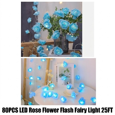 Picture of 80PCS LED Rose Flower Flash Fairy Light 25FT – Decorative LED Rose Light for Bedroom, Curtain, Wall, Wedding, Party, Garden & Home Decoration Light blue
