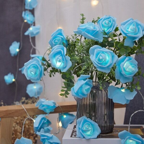 Picture of 80PCS LED Rose Flower Flash Fairy Light 25FT – Decorative LED Rose Light for Bedroom, Curtain, Wall, Wedding, Party, Garden & Home Decoration Light blue