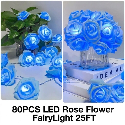 Picture of 80PCS LED Rose Flower Fairy Light 25FT – Flash Decorative String Light for Bedroom, Curtain, Wall, Wedding, Party, Garden & Home Decoration Blue