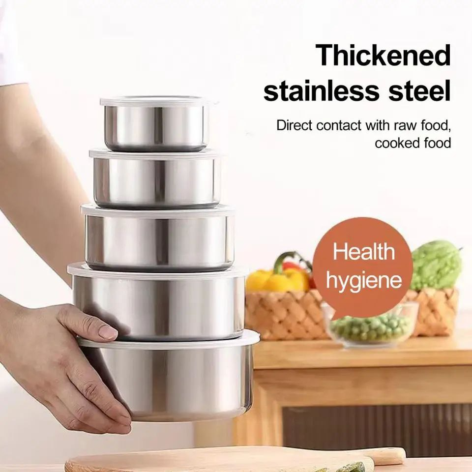 Picture of High Quality Stainless Steel Bowl Set with Lids 5 Pcs Silver Food Fresh Keeping Storage Bowls Steel Bati Set Kitchen Container Silver