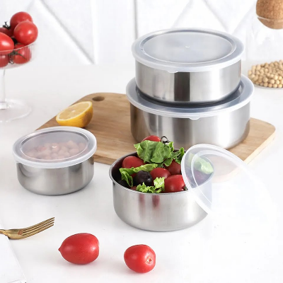 Picture of High Quality Stainless Steel Bowl Set with Lids 5 Pcs Silver Food Fresh Keeping Storage Bowls Steel Bati Set Kitchen Container Silver