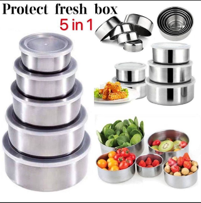 Picture of High Quality Stainless Steel Bowl Set with Lids 5 Pcs Silver Food Fresh Keeping Storage Bowls Steel Bati Set Kitchen Container Silver