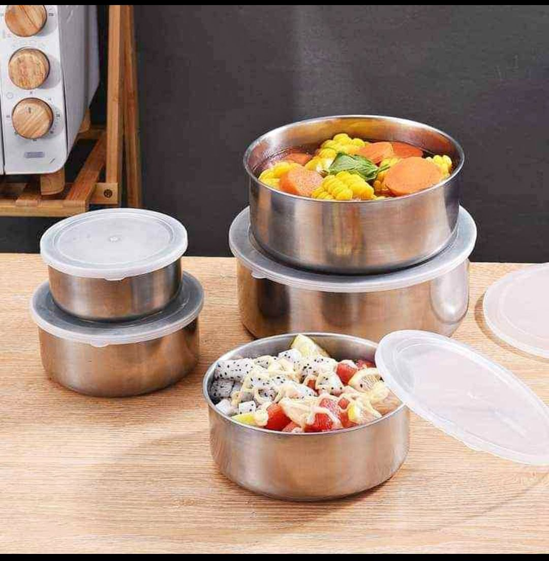 Picture of High Quality Stainless Steel Bowl Set with Lids 5 Pcs Silver Food Fresh Keeping Storage Bowls Steel Bati Set Kitchen Container Silver