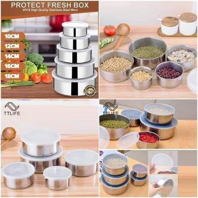 Picture of High Quality Stainless Steel Bowl Set with Lids 5 Pcs Silver Food Fresh Keeping Storage Bowls Steel Bati Set Kitchen Container Silver