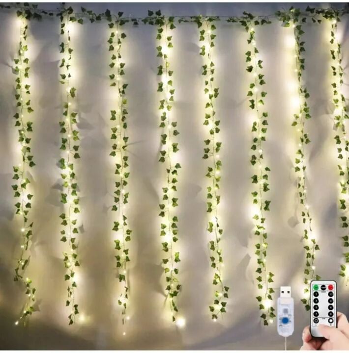 Picture of Curtain LED Fairy Lights with Artificial Vines – 10 Strings 8FT × 12FT USB Remote Curtain Light with Leaf Decorations for Window, Bedroom, Wedding, Party & Home Decor Multicolor