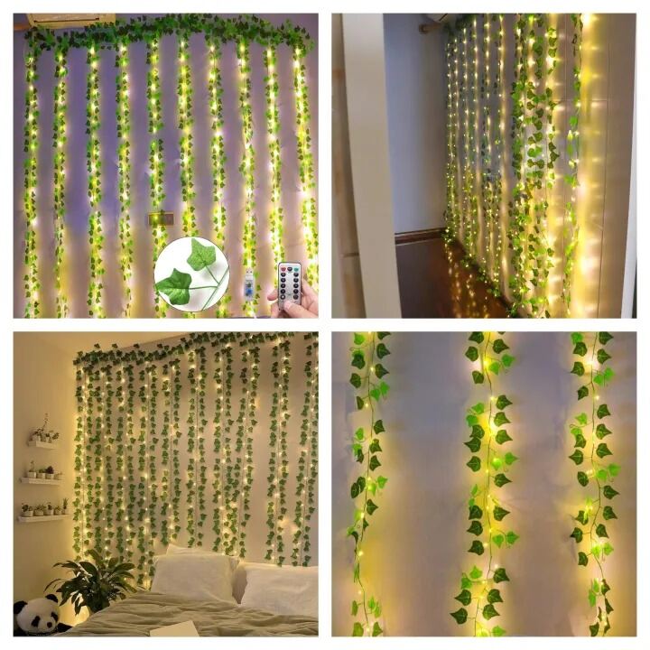 Picture of Curtain LED Fairy Lights with Artificial Vines – 10 Strings 8FT × 12FT USB Remote Curtain Light with Leaf Decorations for Window, Bedroom, Wedding, Party & Home Decor Multicolor