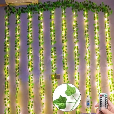 Picture of Curtain LED Fairy Lights with Artificial Vines – 10 Strings 8FT × 12FT USB Remote Curtain Light with Leaf Decorations for Window, Bedroom, Wedding, Party & Home Decor Multicolor