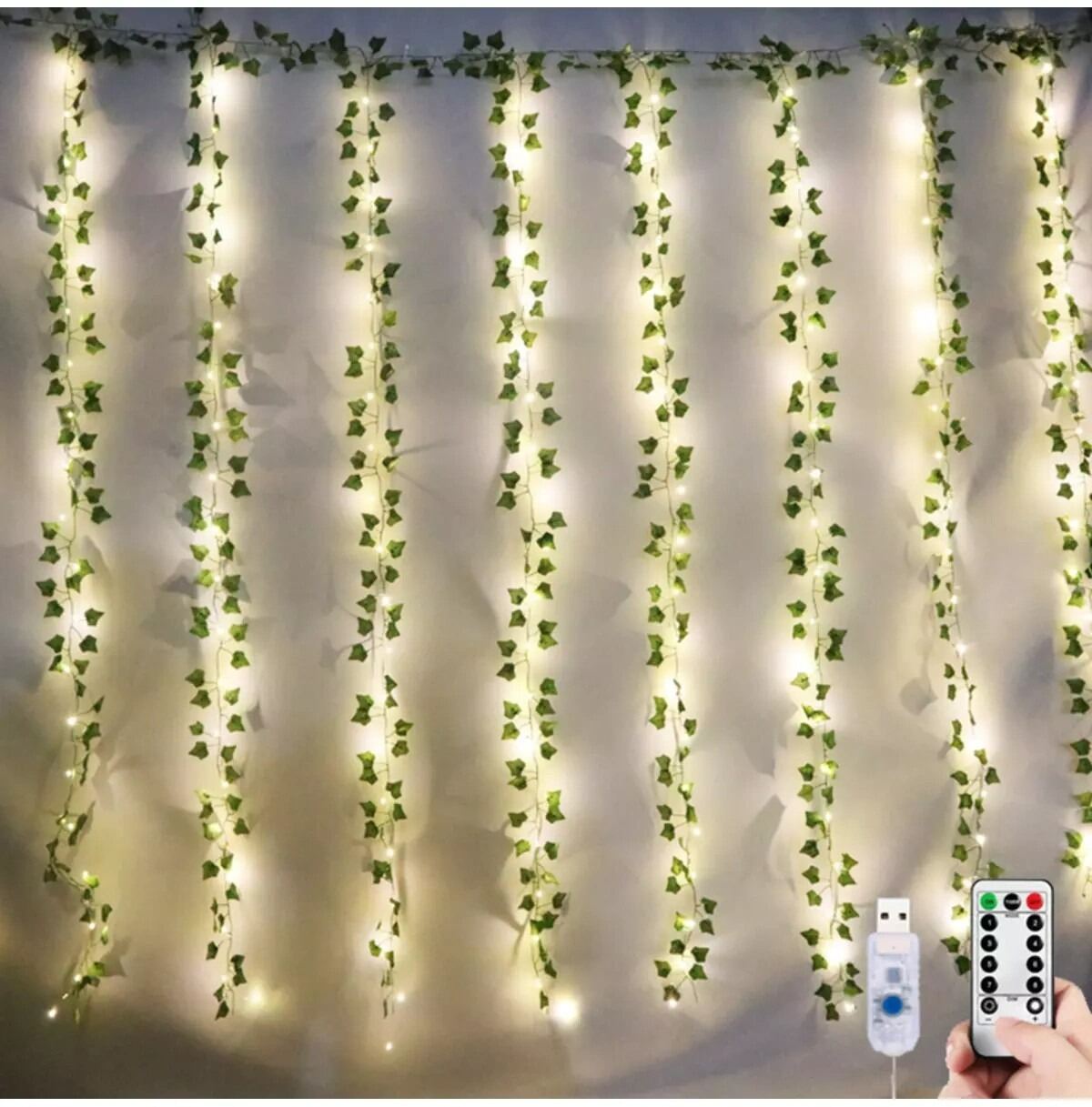 Picture of Curtain LED Fairy Lights with Artificial Vines – 10 Strings 8FT × 12FT USB Remote Curtain Light with Leaf Decorations for Window, Bedroom, Wedding, Party & Home Decor Multicolor