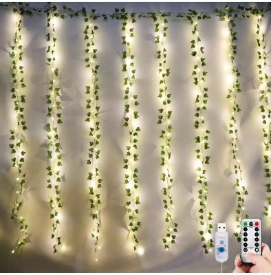 Picture of Curtain LED Fairy Lights with Artificial Vines – 10 Strings 8FT × 12FT USB Remote Curtain Light with Leaf Decorations for Window, Bedroom, Wedding, Party & Home Decor Multicolor
