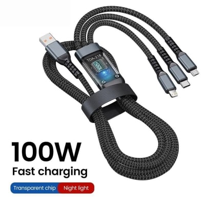 Picture of 3-in-1 Multi-Port 100W USB Type-C Fast Charging Cable – USB-C, Lightning & Micro USB Fast Charger Cable for iPhone, Samsung, Xiaomi, Poco, Huawei & More Black