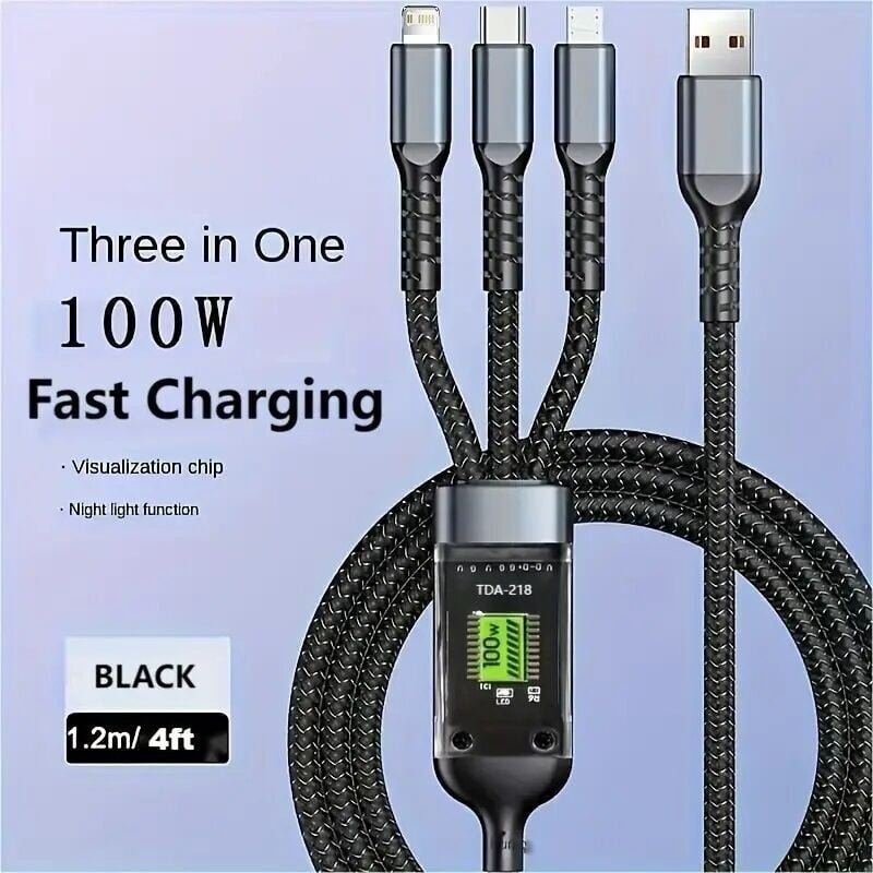 Picture of 3-in-1 Multi-Port 100W USB Type-C Fast Charging Cable – USB-C, Lightning & Micro USB Fast Charger Cable for iPhone, Samsung, Xiaomi, Poco, Huawei & More Black