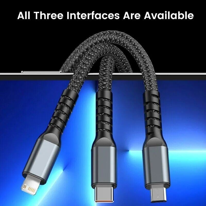 Picture of 3-in-1 Multi-Port 100W USB Type-C Fast Charging Cable – USB-C, Lightning & Micro USB Fast Charger Cable for iPhone, Samsung, Xiaomi, Poco, Huawei & More Black