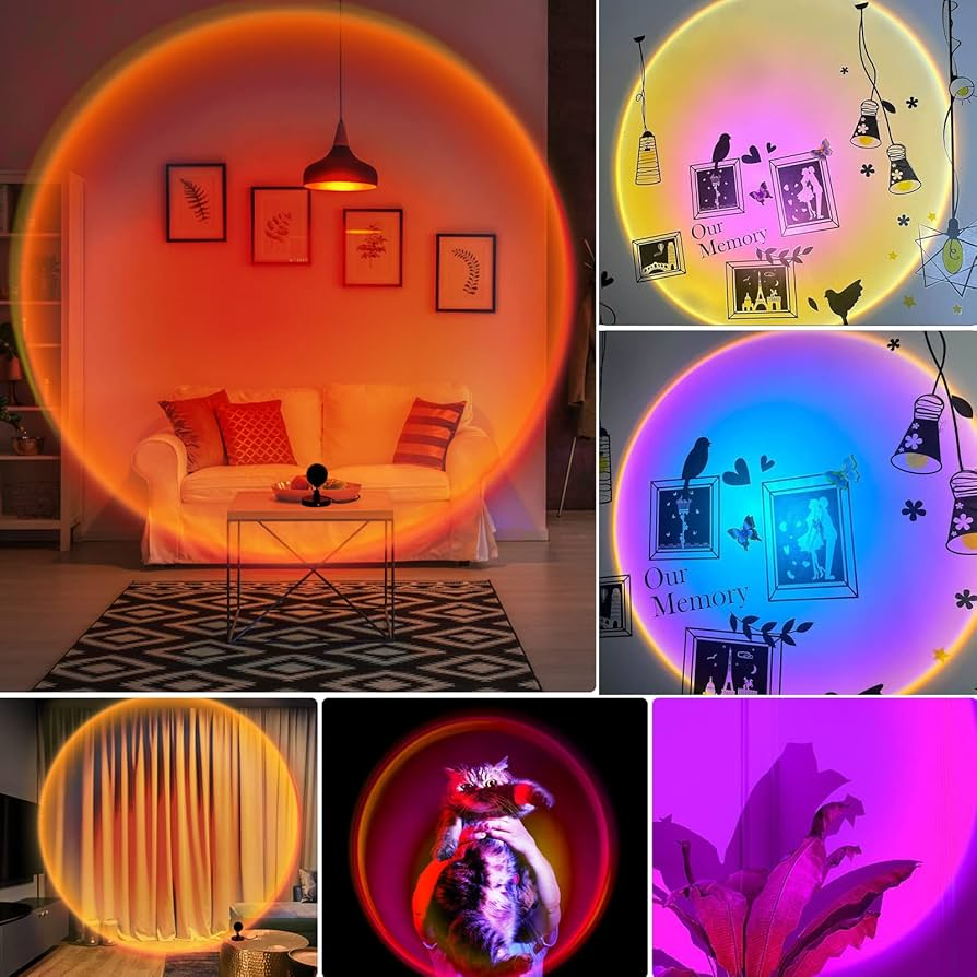 Picture of USB Sunset Projection Lamp 360° Adjustable LED Sunset Light Romantic Rainbow Projection Night Light for Bedroom Room Decor Photography Gaming Setup Multicolor