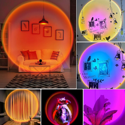 Picture of USB Sunset Projection Lamp 360° Adjustable LED Sunset Light Romantic Rainbow Projection Night Light for Bedroom Room Decor Photography Gaming Setup Multicolor