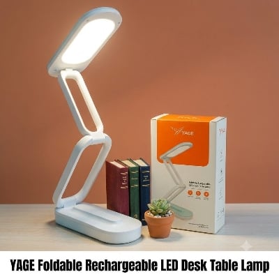 Picture of YAGE Foldable Rechargeable LED Desk Table Lamp – Eye Protection Reading Light, Portable Foldable Bedside Lamp for Study, Dormitory, Office & Home White