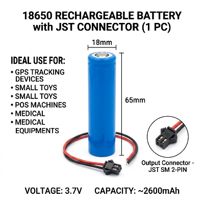 Picture of 18650 Rechargeable 3.7V Li-ion Battery Pack with 2 Pin JST Connector for Emergency Light & DIY Electronics Multicolor