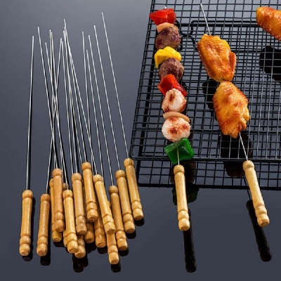 Picture of 12-Piece Stainless Steel Barbecue Grill Sticks with Heat-Resistant Wood Handles - Brown