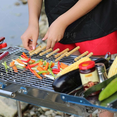 Picture of 12-Piece Stainless Steel Barbecue Grill Sticks with Heat-Resistant Wood Handles - Brown