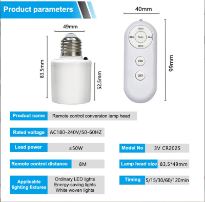 Picture of Smart AC220V Wireless remote Control Lamp Holder With Timing Adjustment Function Smart Light LED Lamp Base Universal - White