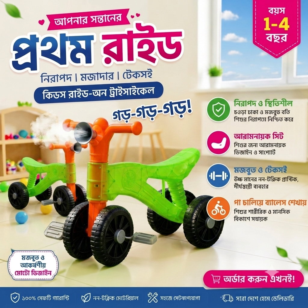Picture of Premium 4 Wheel Kids Ride-On Tricycle for 1-3 Years | Baby Balance Bike | Safe Toddler Ride-On Cycle for Boys & Girls