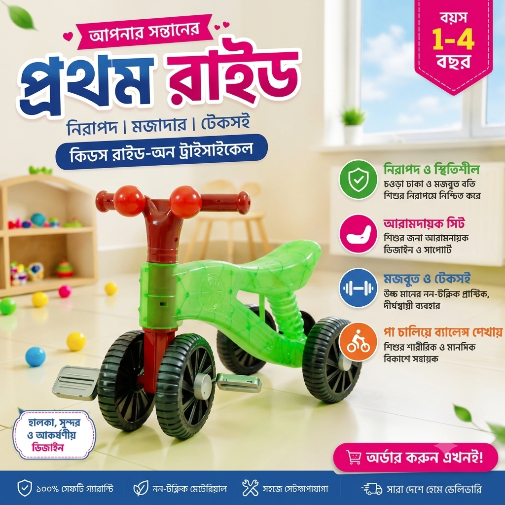 Picture of Premium 4 Wheel Baby Ride-On Tricycle with Pedals | Safe Kids Learning Cycle | Strong Wheels Indoor & Outdoor Ride-On Toy for Toddlers